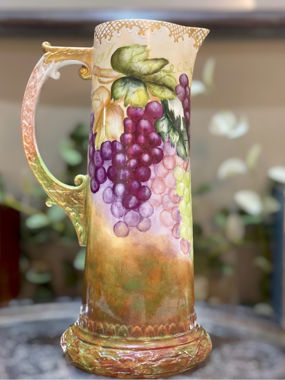 Antique Belleek Large 14” Pitcher Tankard HP Grapes c1900 CAC Ceramic Art Co